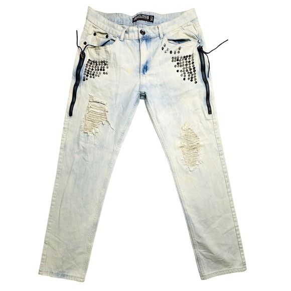 Demolition Jeans Mens 36 Light Wash Distressed Studded Zipper Punk Rock Pants